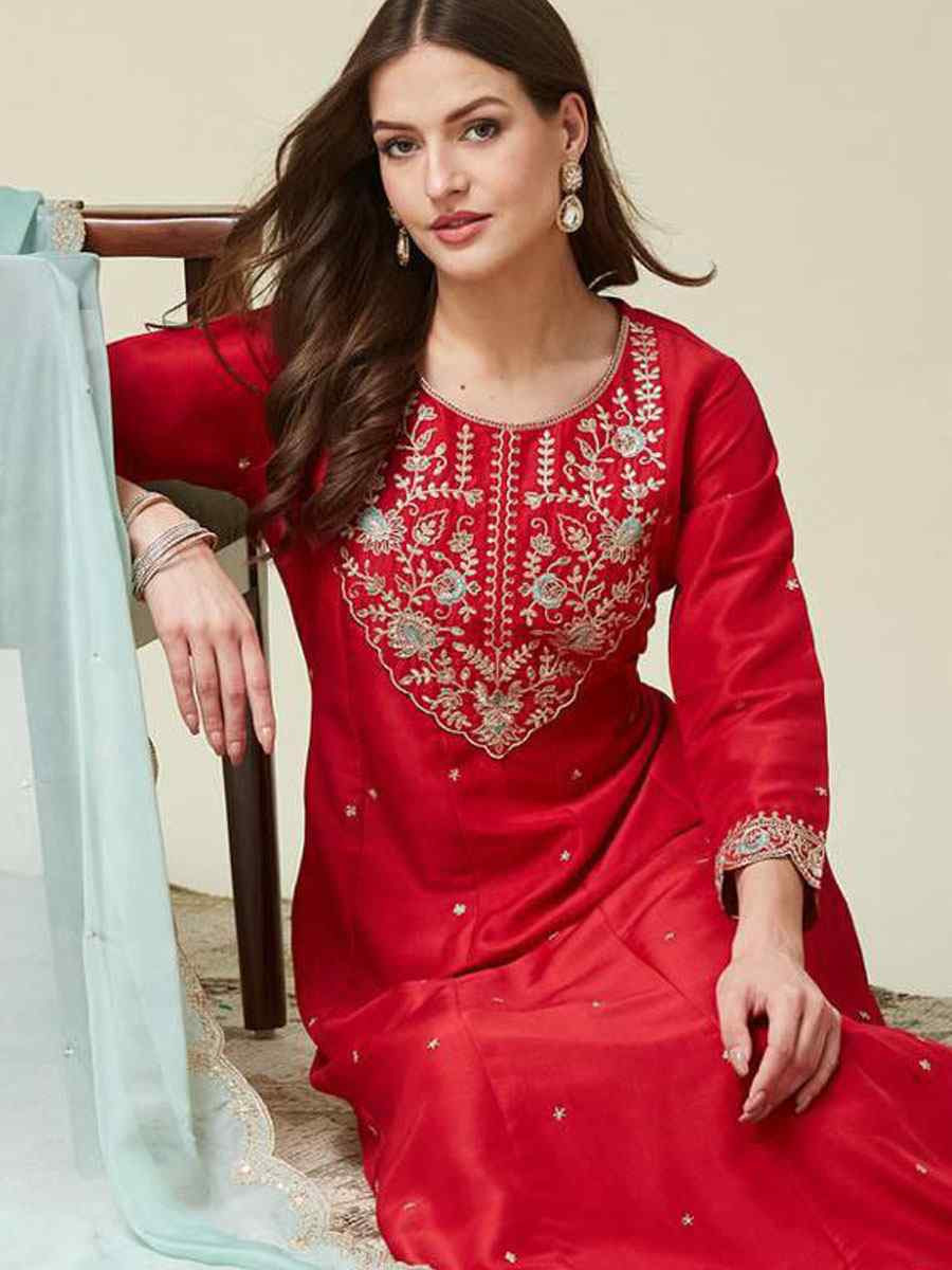 Red Vichitra Silk Embroidery Party Wedding Festival Casual Ready Anarkali Pant Salwar Kameez
