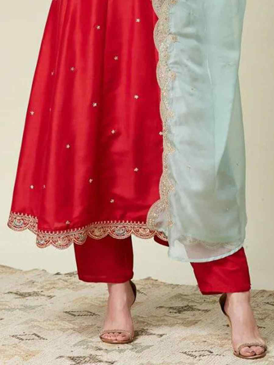 Red Vichitra Silk Embroidery Party Wedding Festival Casual Ready Anarkali Pant Salwar Kameez
