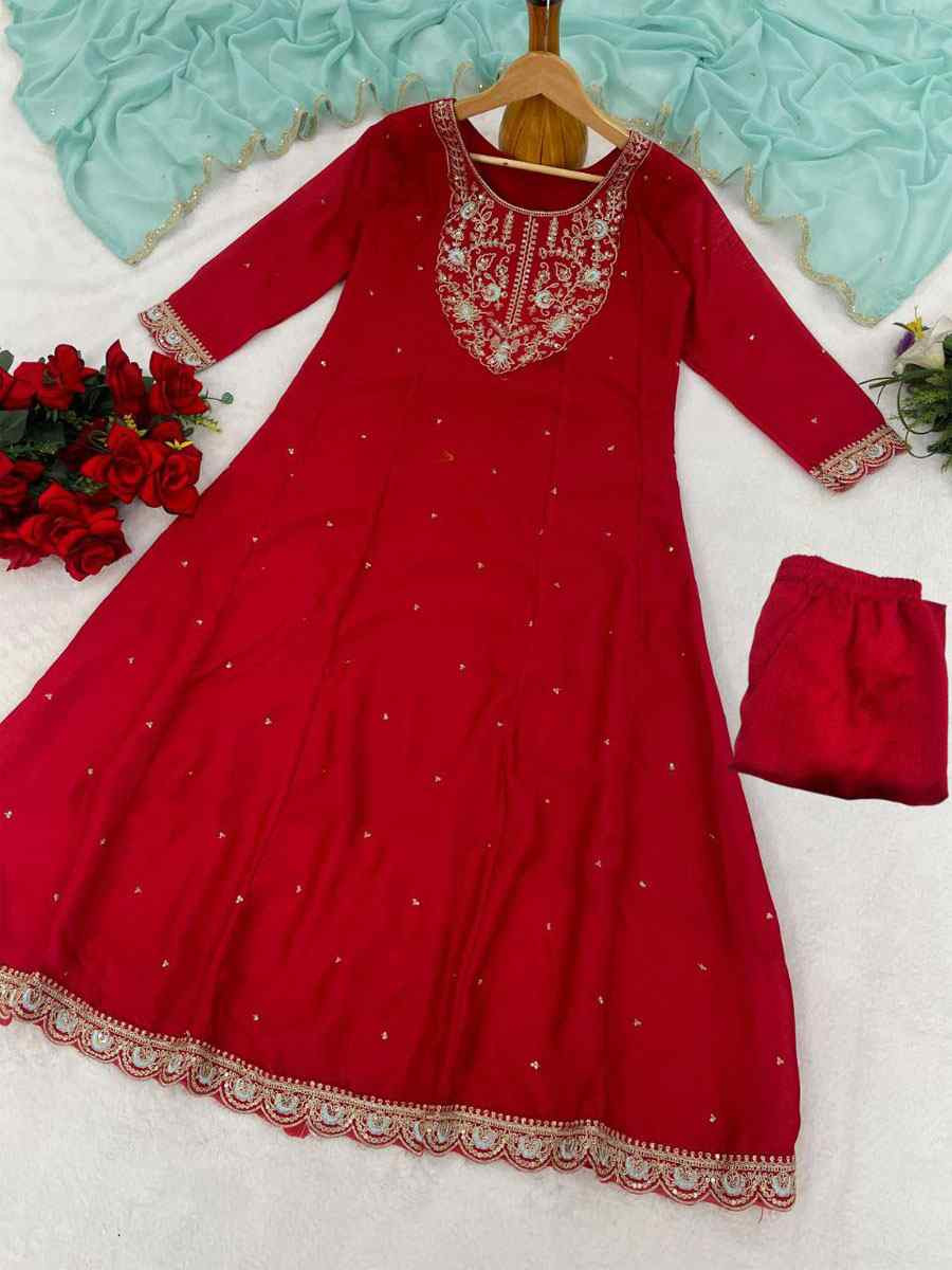 Red Vichitra Silk Embroidery Party Wedding Festival Casual Ready Anarkali Pant Salwar Kameez