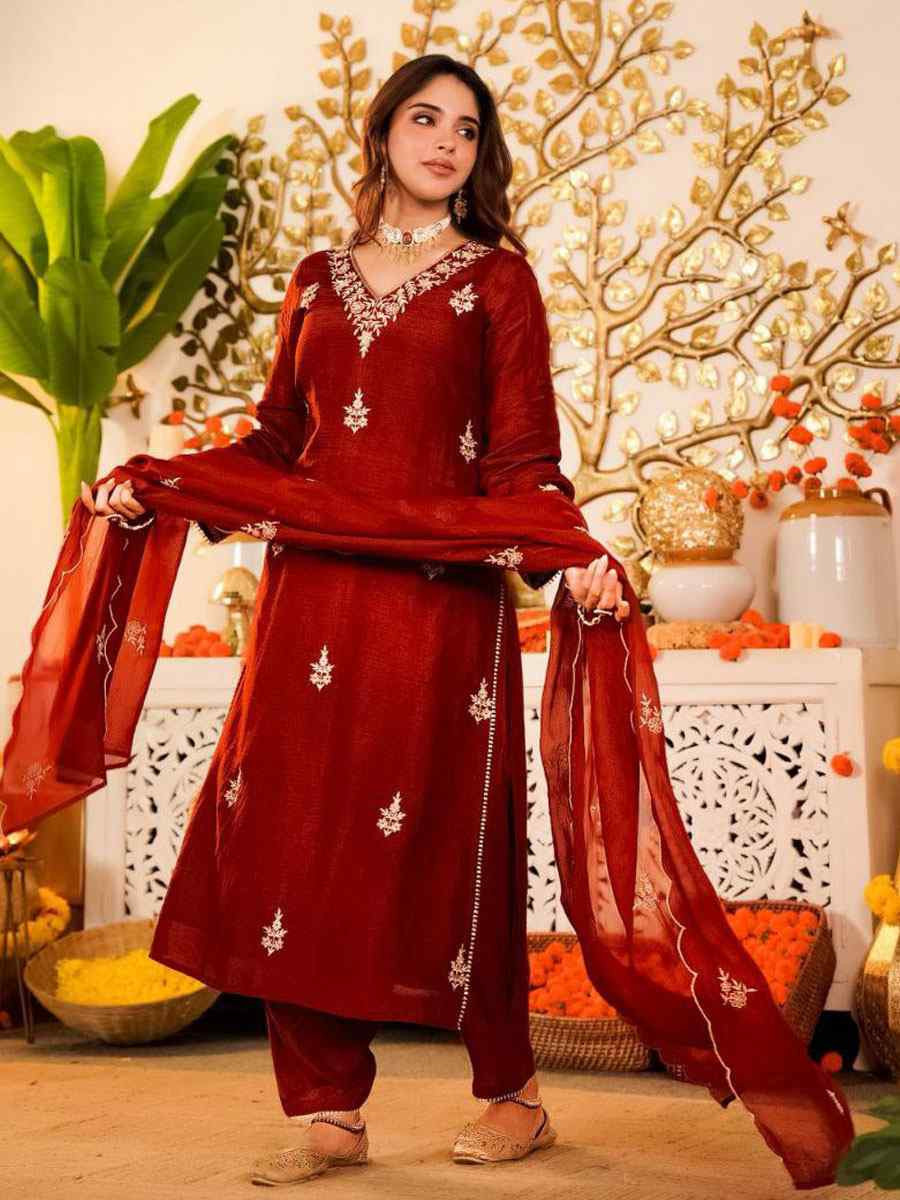 Red Vichitra Silk Embroidery Party Wedding Festival Casual Ready Pant Salwar Kameez