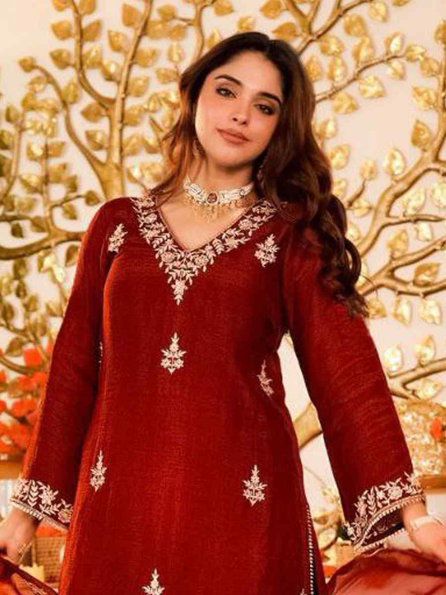 Red Vichitra Silk Embroidery Party Wedding Festival Casual Ready Pant Salwar Kameez