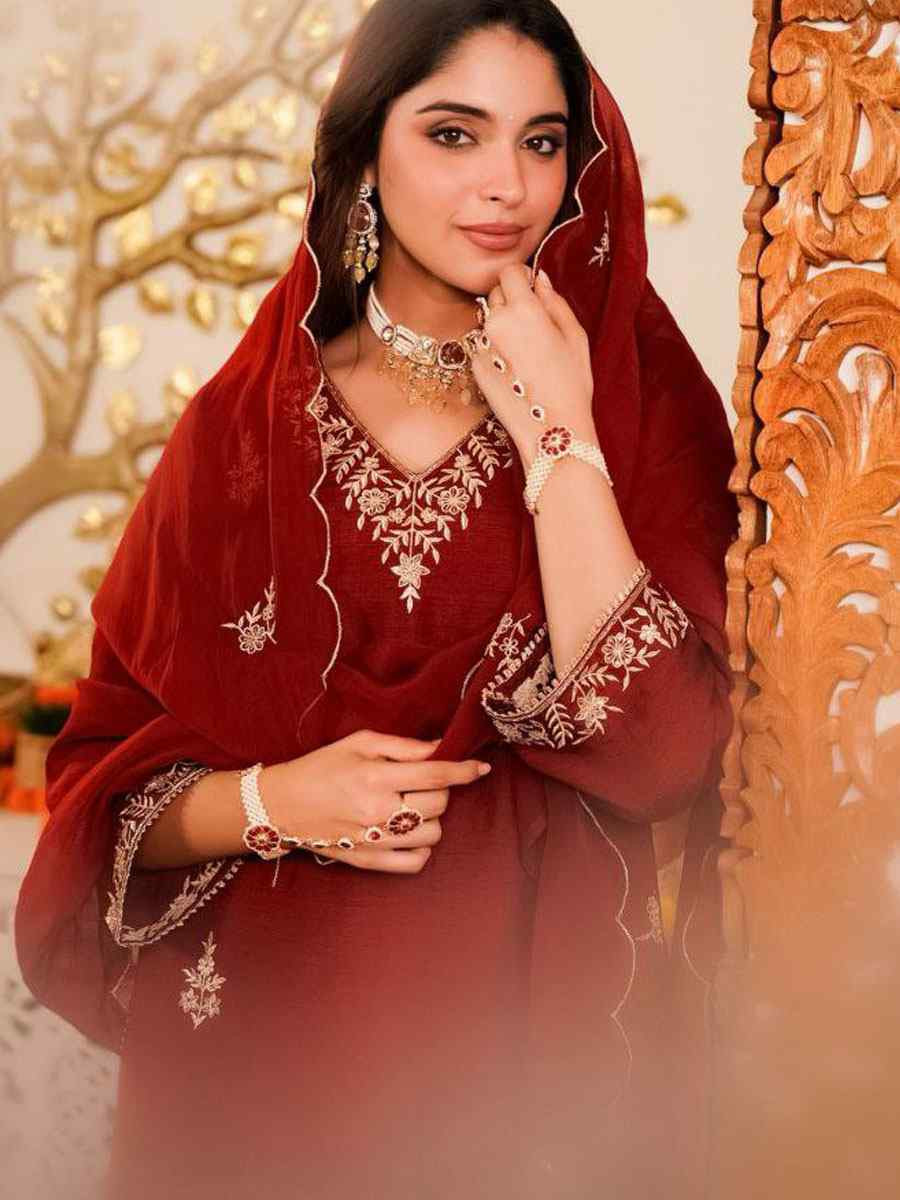Red Vichitra Silk Embroidery Party Wedding Festival Casual Ready Pant Salwar Kameez