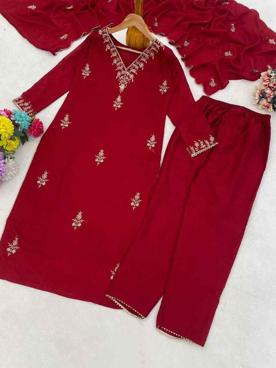 Red Vichitra Silk Embroidery Party Wedding Festival Casual Ready Pant Salwar Kameez