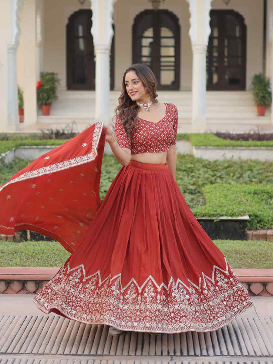Red Vichitra Silk Embroidery Wedding Reception Festival Heavy Border Lehenga Choli