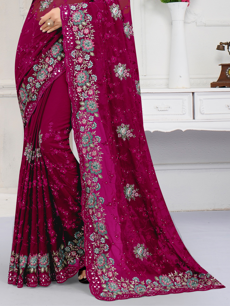 Red Violet Faux Georgette Embroidered Party Saree