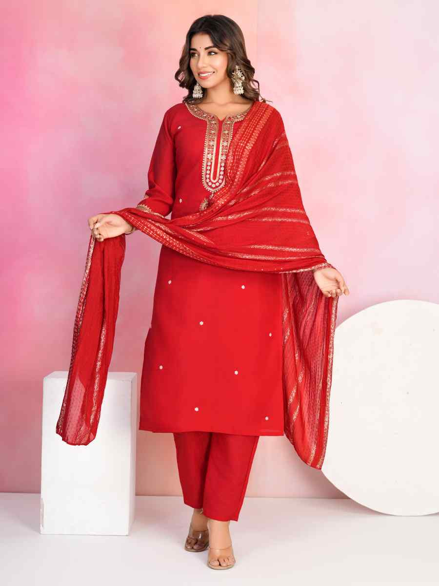Red Viscose Chanderi Embroidered Festival Casual Ready Pant Salwar Kameez