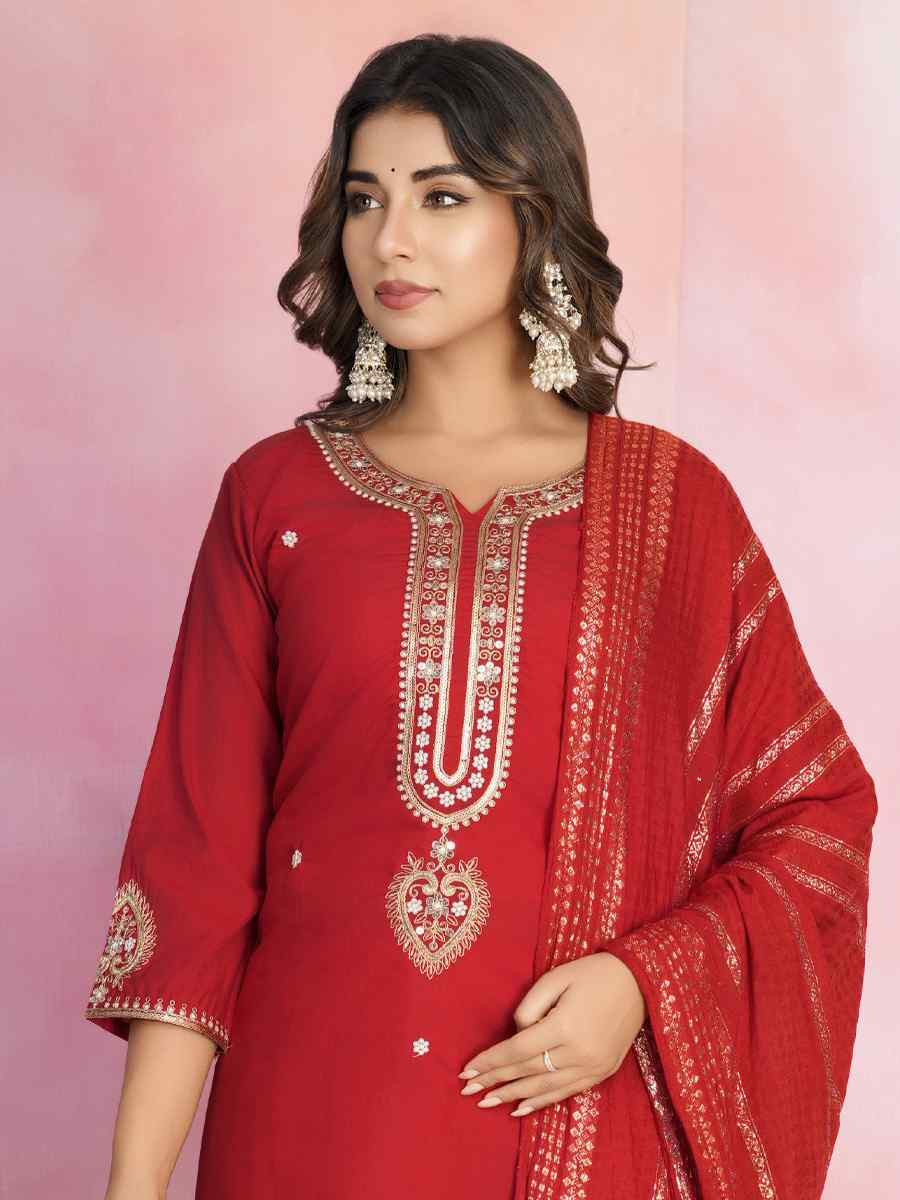 Red Viscose Chanderi Embroidered Festival Casual Ready Pant Salwar Kameez