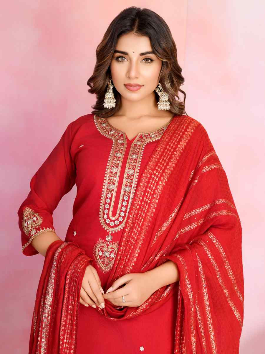 Red Viscose Chanderi Embroidered Festival Casual Ready Pant Salwar Kameez