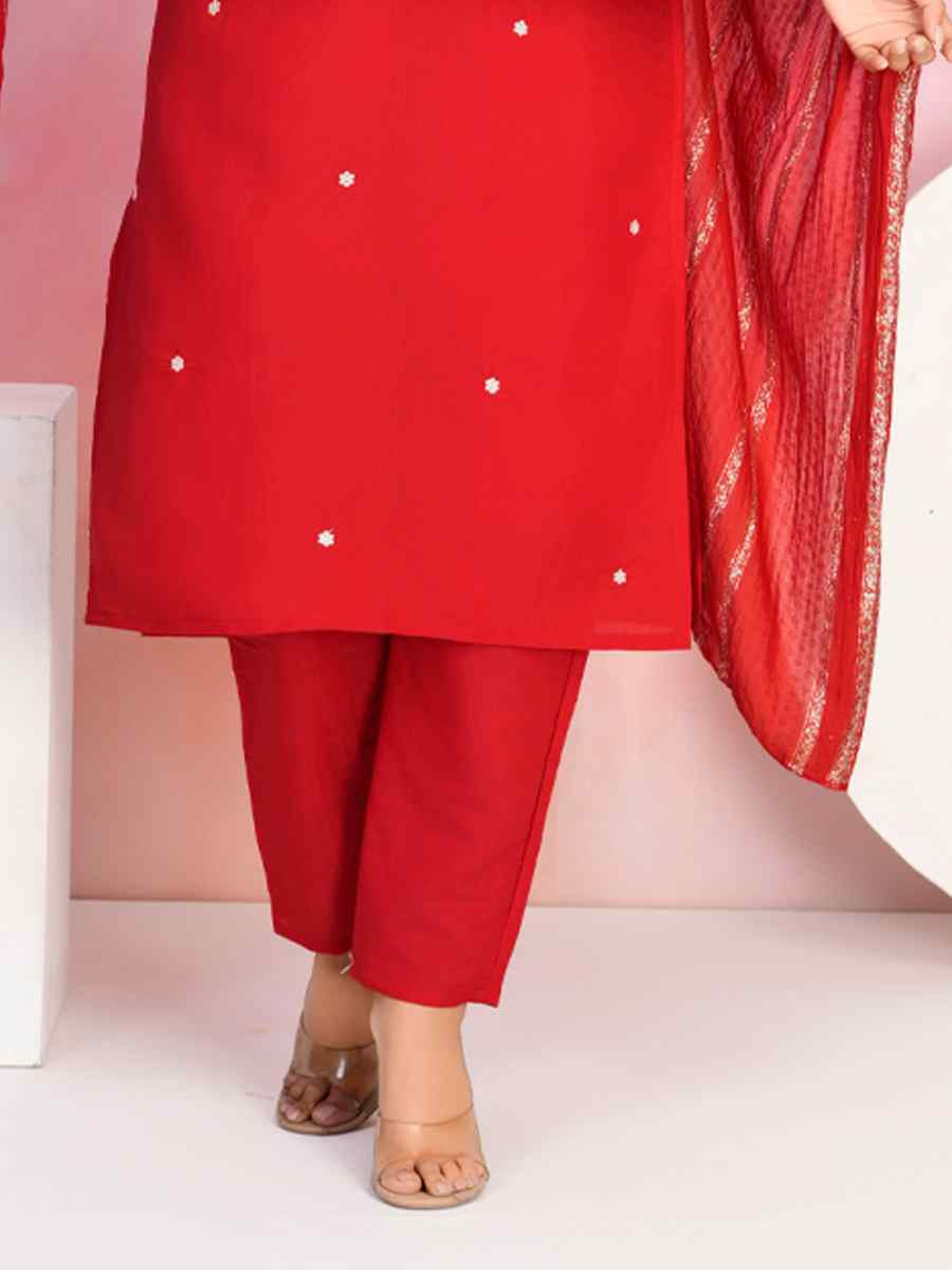 Red Viscose Chanderi Embroidered Festival Casual Ready Pant Salwar Kameez