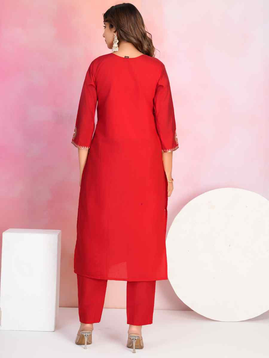 Red Viscose Chanderi Embroidered Festival Casual Ready Pant Salwar Kameez