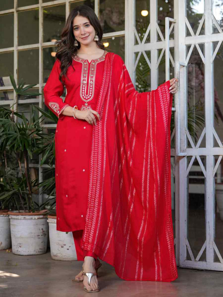 Red Viscose Chanderi Embroidered Festival Casual Ready Pant Salwar Kameez