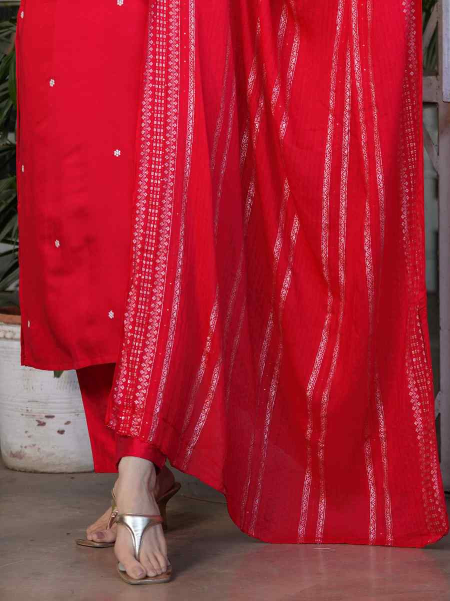 Red Viscose Chanderi Embroidered Festival Casual Ready Pant Salwar Kameez