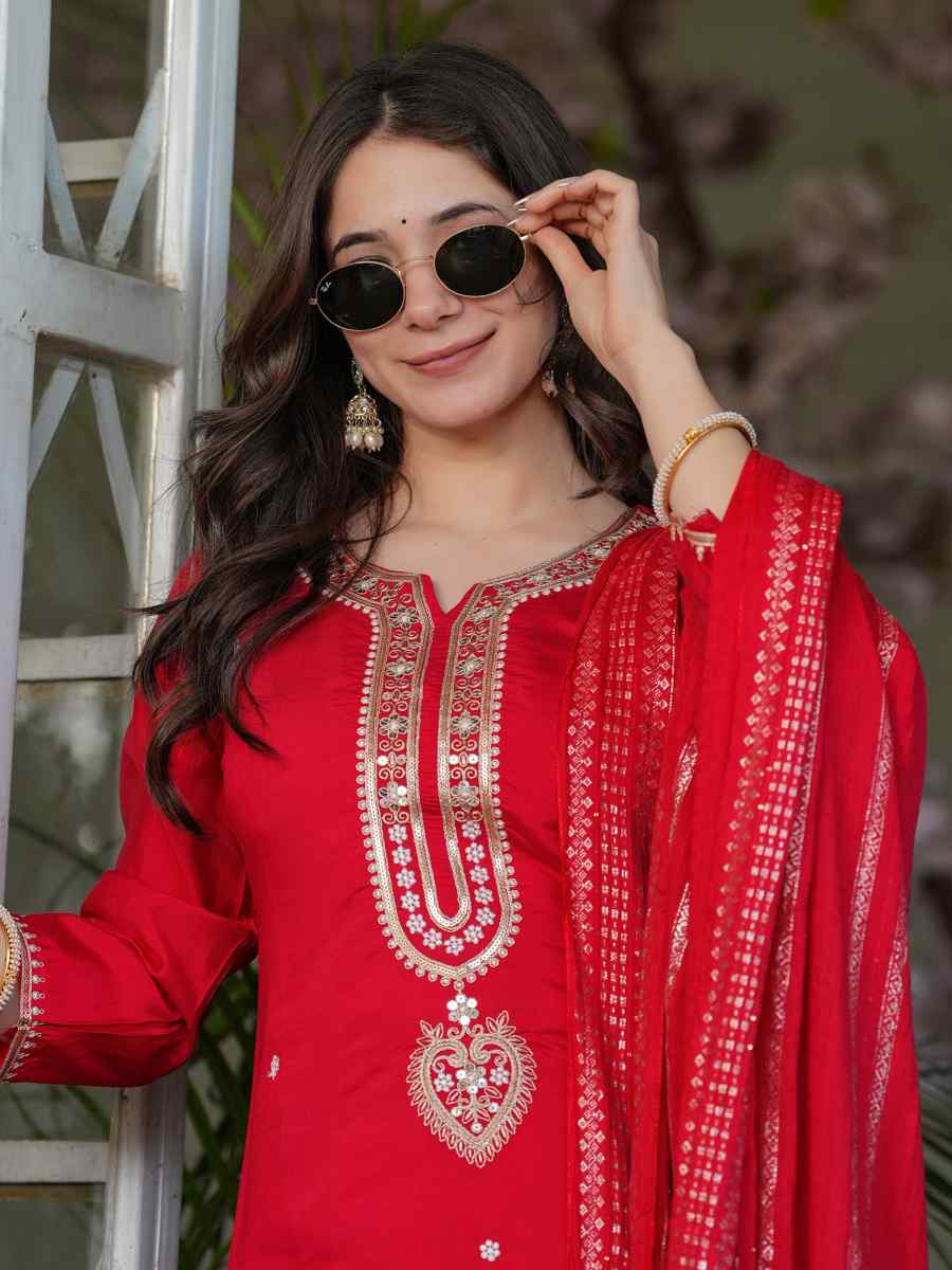 Red Viscose Chanderi Embroidered Festival Casual Ready Pant Salwar Kameez