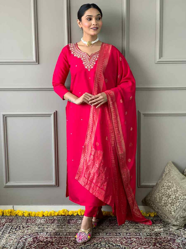 Red Viscose Chanderi Embroidered Festival Casual Ready Pant Salwar Kameez