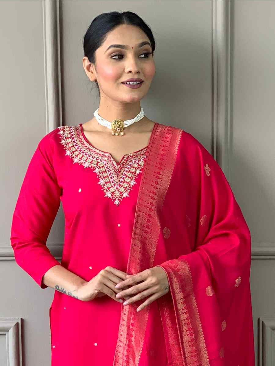Red Viscose Chanderi Embroidered Festival Casual Ready Pant Salwar Kameez