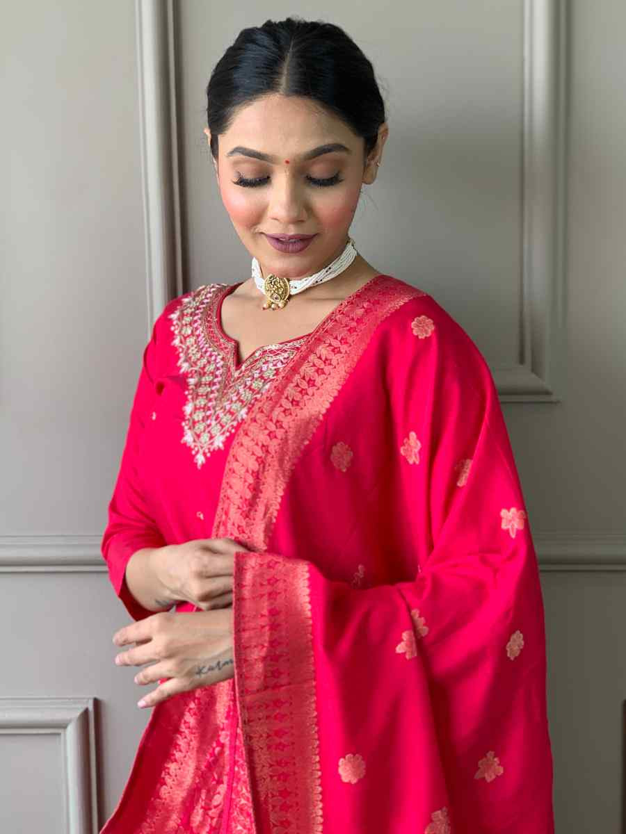 Red Viscose Chanderi Embroidered Festival Casual Ready Pant Salwar Kameez