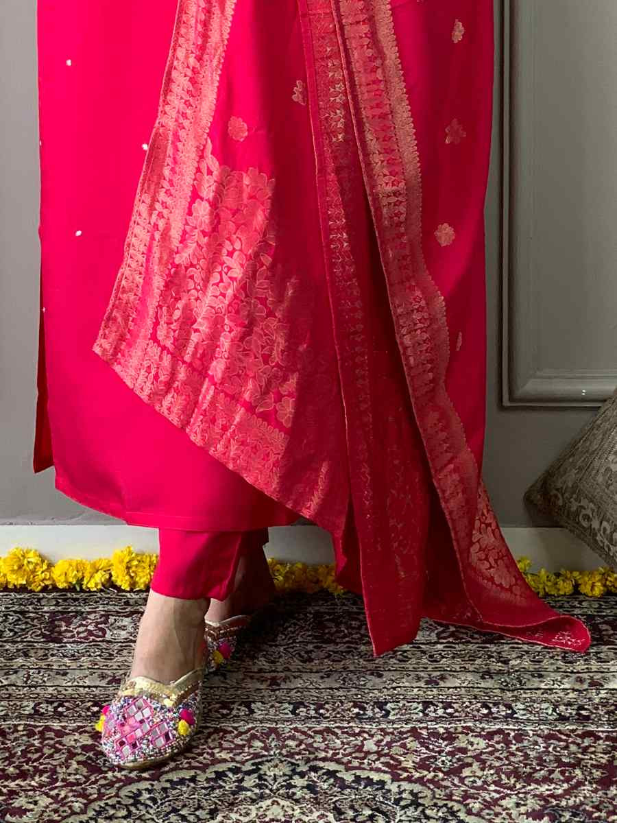 Red Viscose Chanderi Embroidered Festival Casual Ready Pant Salwar Kameez