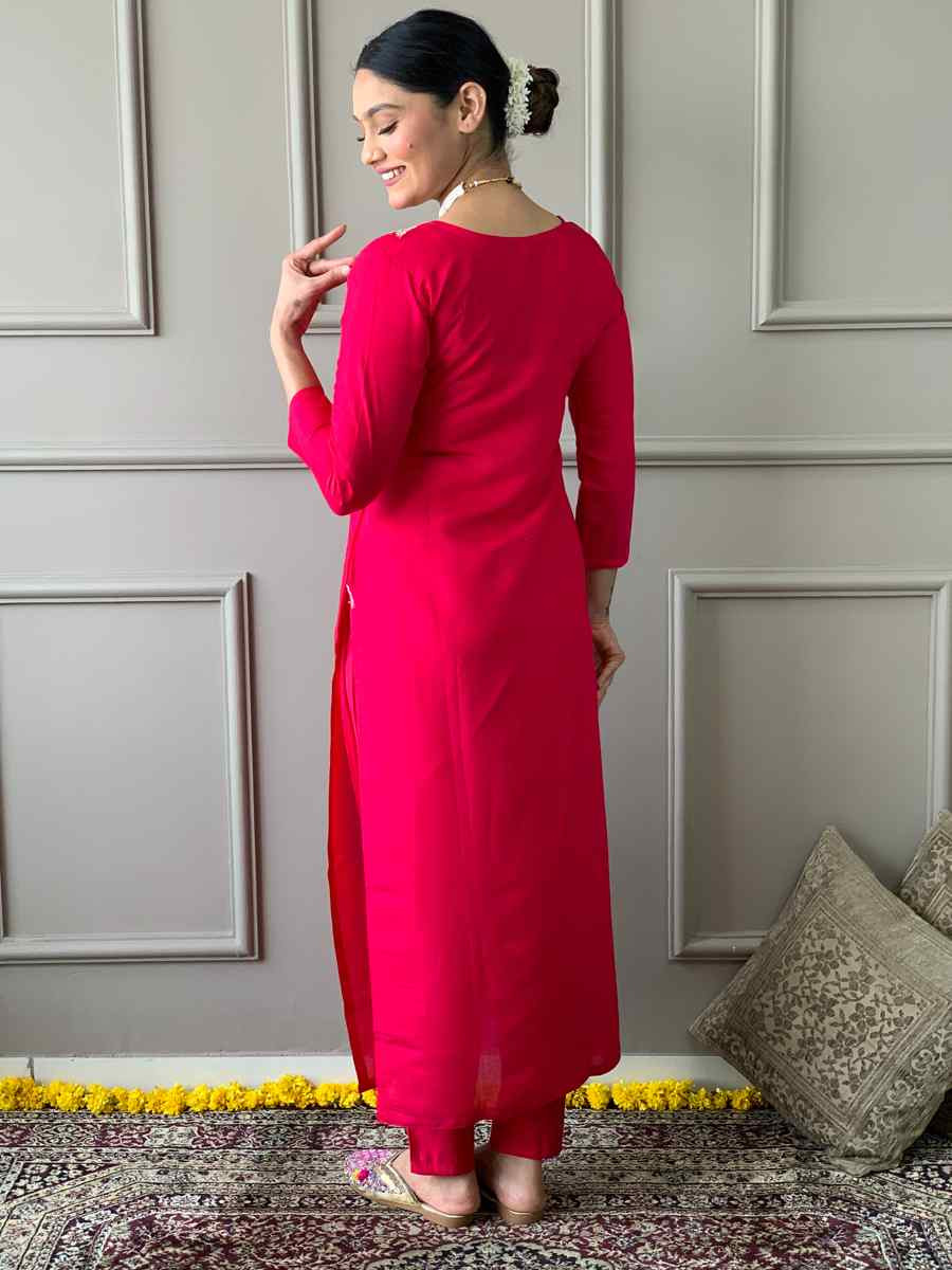 Red Viscose Chanderi Embroidered Festival Casual Ready Pant Salwar Kameez