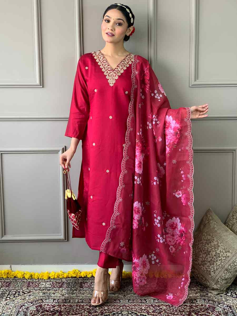 Red Viscose Chanderi Embroidered Festival Casual Ready Pant Salwar Kameez