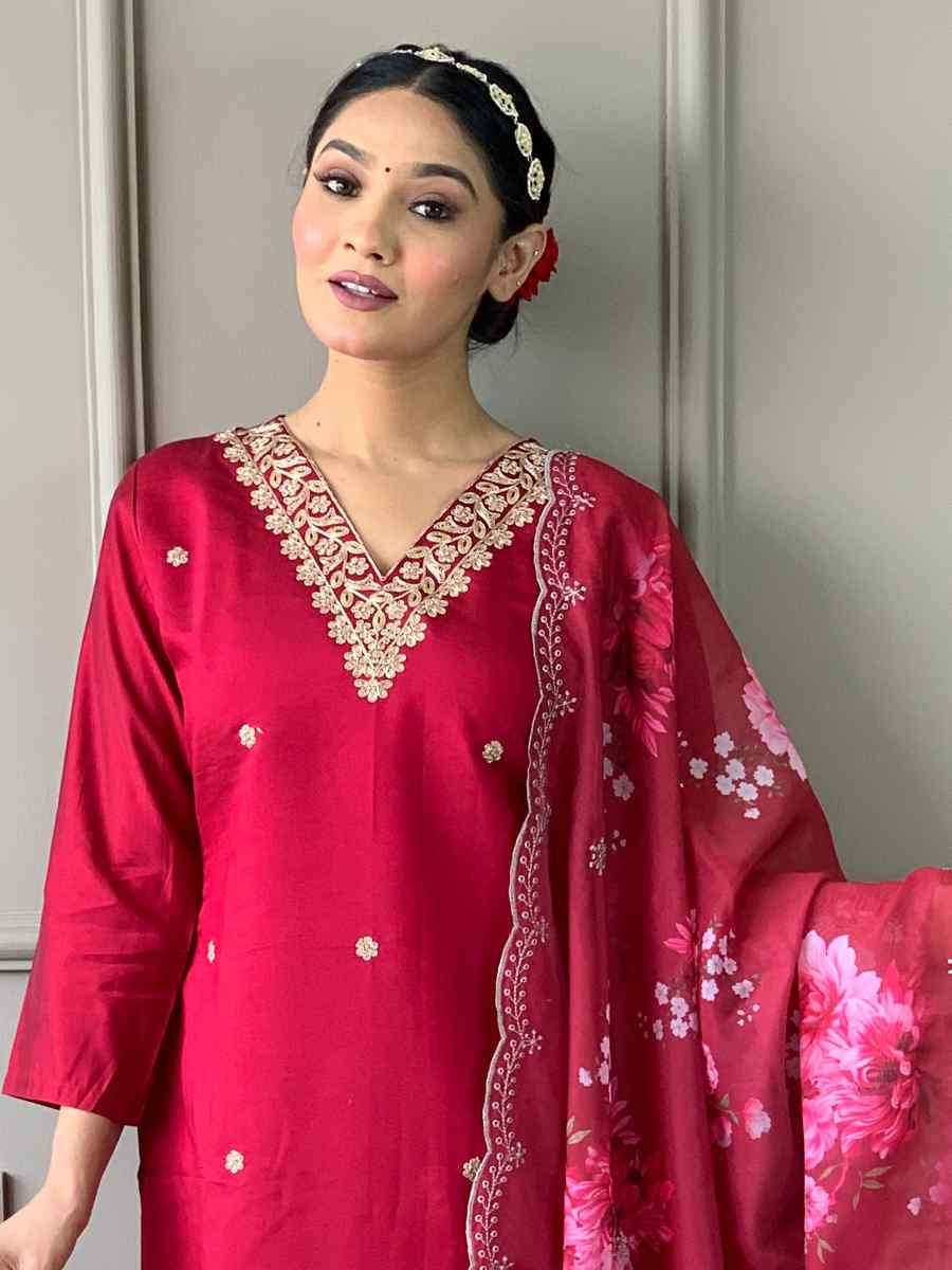 Red Viscose Chanderi Embroidered Festival Casual Ready Pant Salwar Kameez