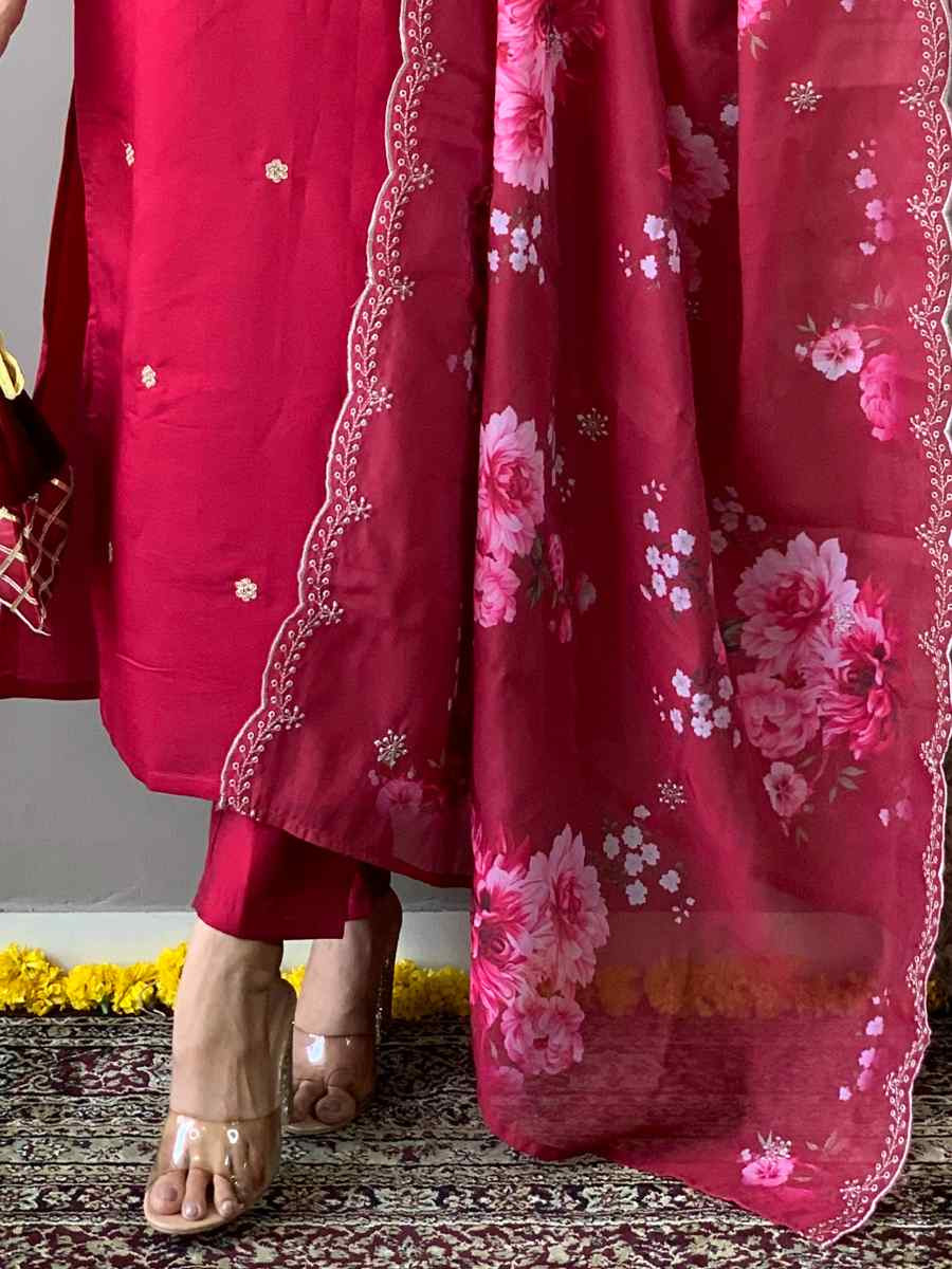 Red Viscose Chanderi Embroidered Festival Casual Ready Pant Salwar Kameez