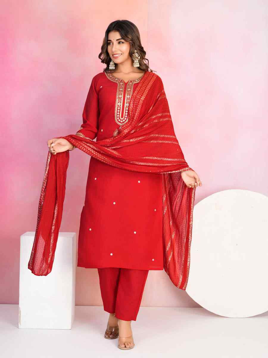 Red Viscose Chanderi Embroidered Party Wedding Ready Pant Salwar Kameez