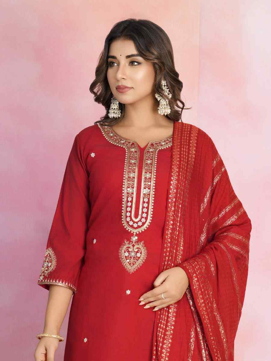 Red Viscose Chanderi Embroidered Party Wedding Ready Pant Salwar Kameez