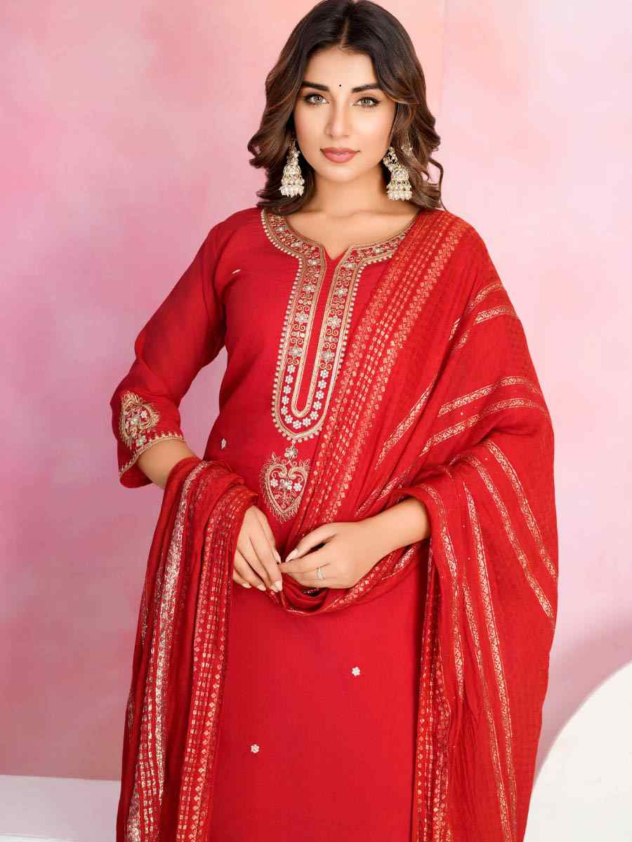 Red Viscose Chanderi Embroidered Party Wedding Ready Pant Salwar Kameez