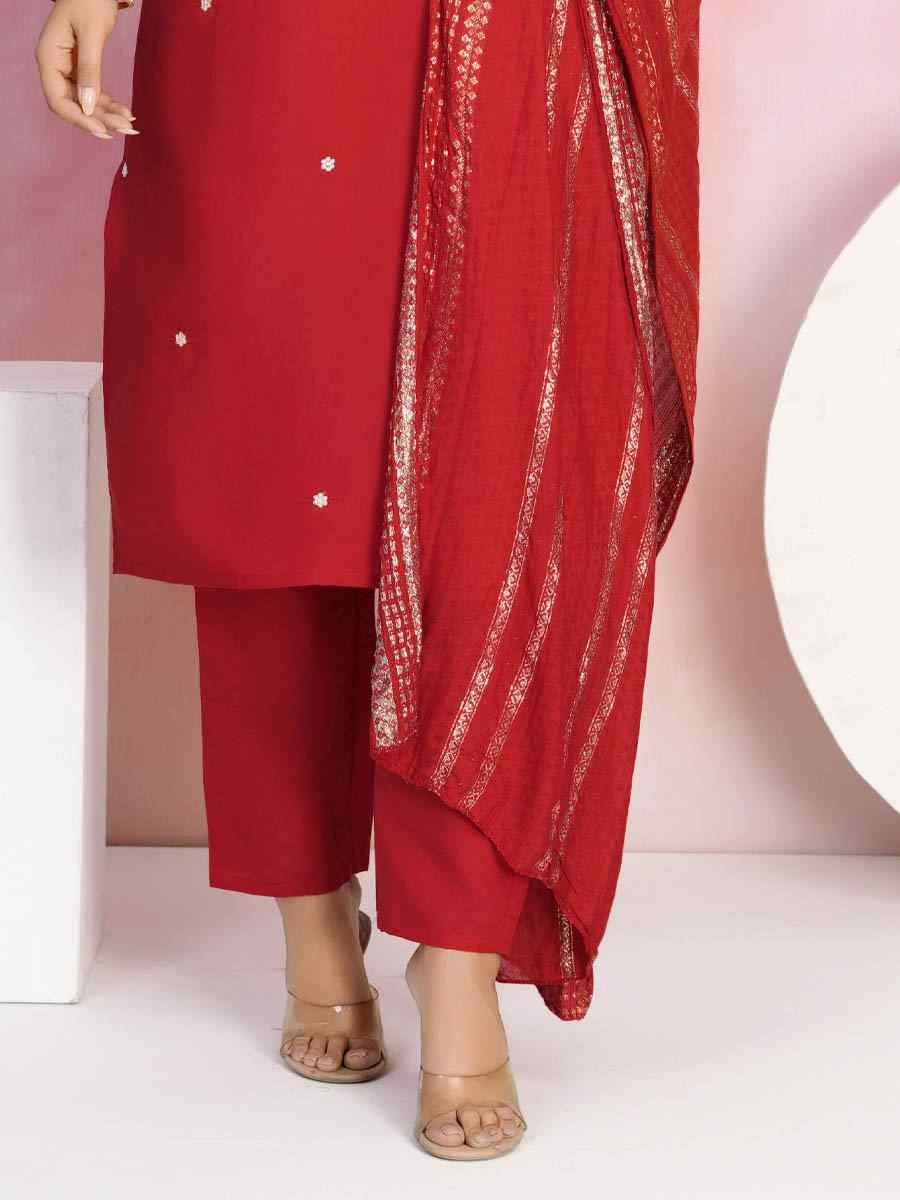 Red Viscose Chanderi Embroidered Party Wedding Ready Pant Salwar Kameez