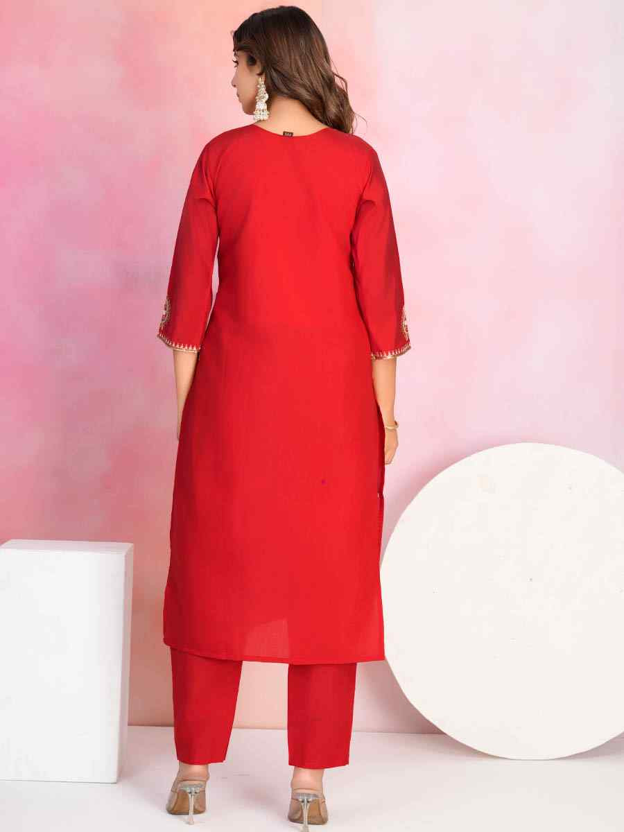 Red Viscose Chanderi Embroidered Party Wedding Ready Pant Salwar Kameez
