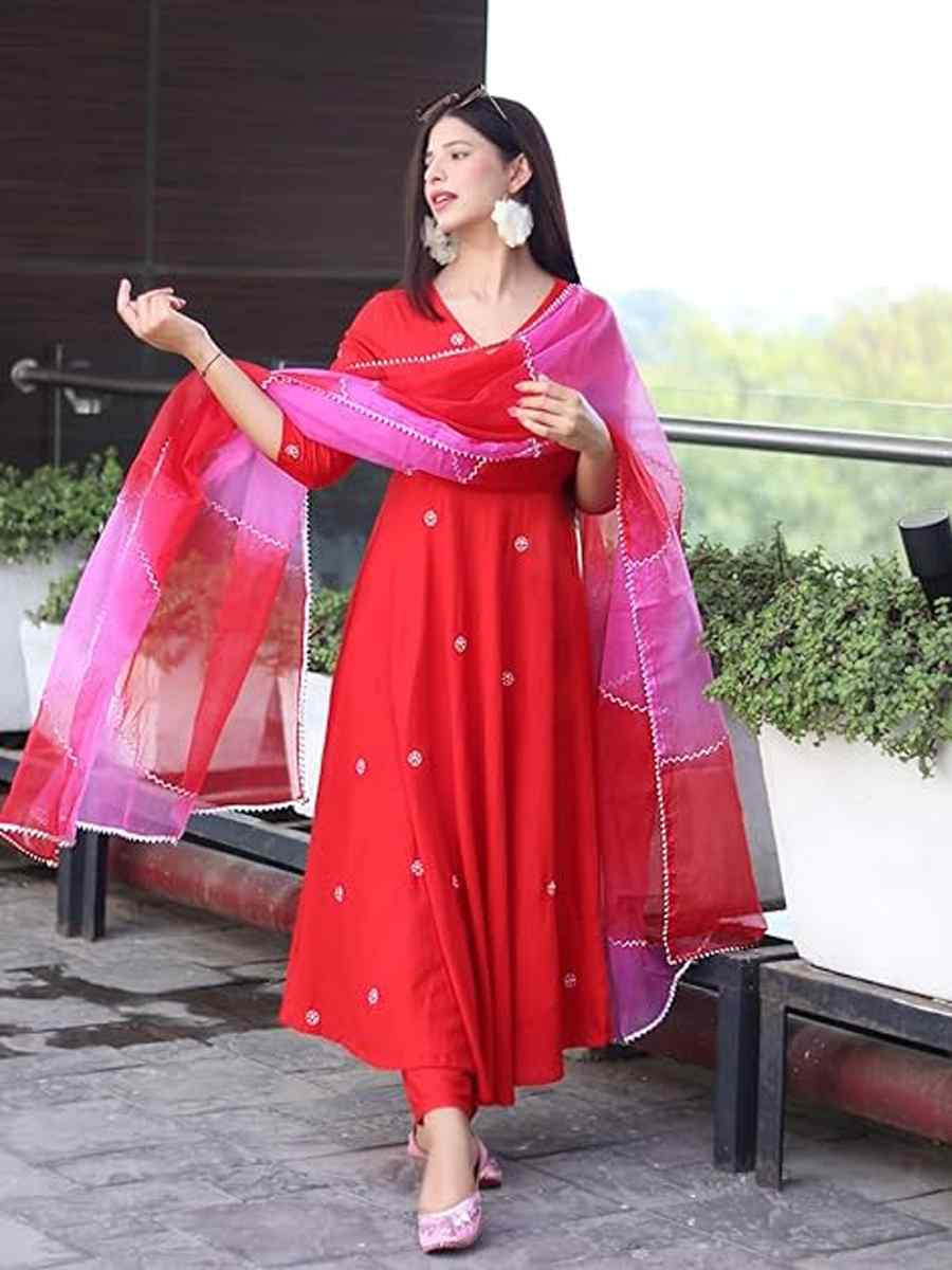 Red Viscose Embroidered Festival Mehendi Ready Anarkali Salwar Kameez