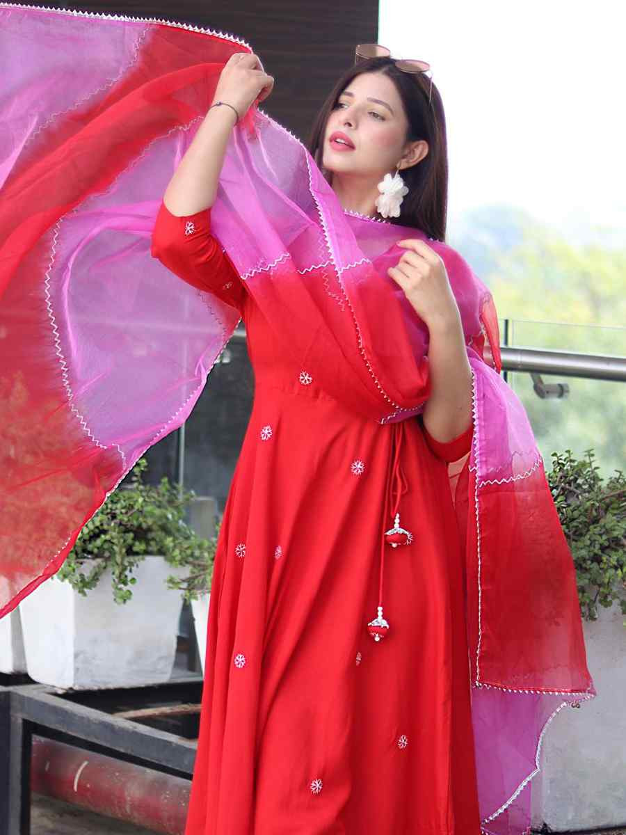 Red Viscose Embroidered Festival Mehendi Ready Anarkali Salwar Kameez
