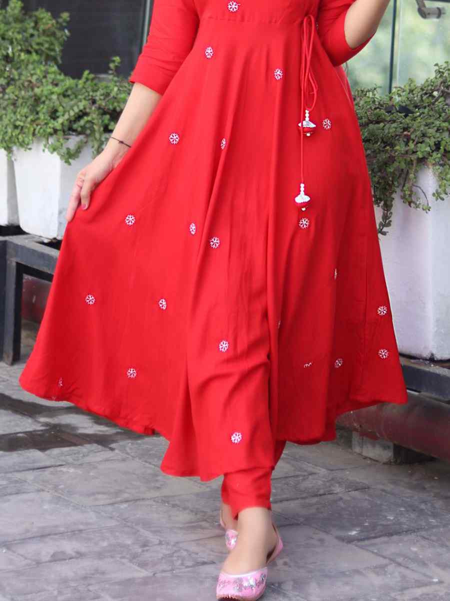 Red Viscose Embroidered Festival Mehendi Ready Anarkali Salwar Kameez