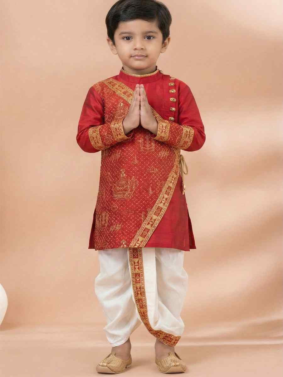 Red Viscose Embroidery Festival Traditional Kurta Dhoti Boys Wear