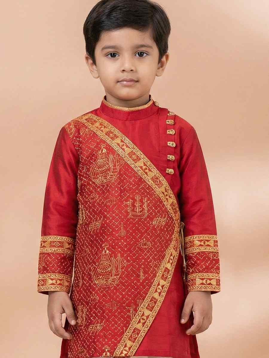 Red Viscose Embroidery Festival Traditional Kurta Dhoti Boys Wear