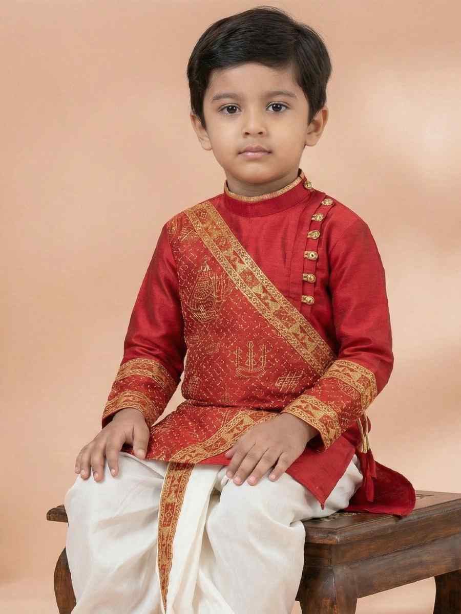 Red Viscose Embroidery Festival Traditional Kurta Dhoti Boys Wear