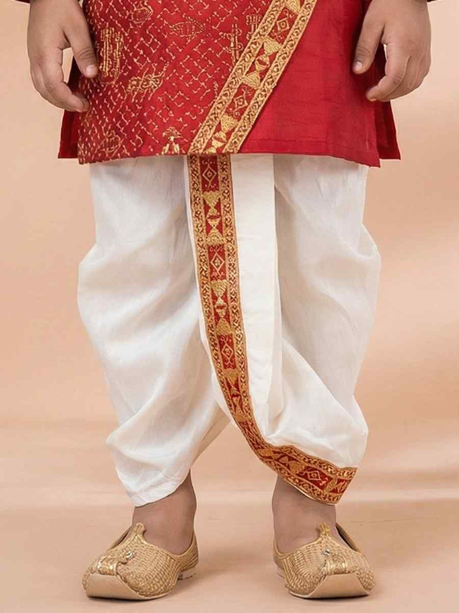 Red Viscose Embroidery Festival Traditional Kurta Dhoti Boys Wear