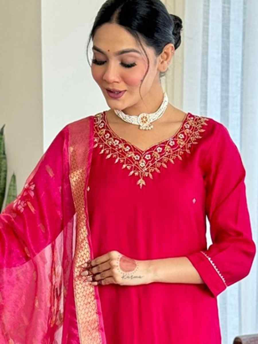 Red Viscose Embroidery Party Wedding Festival Casual Ready Pant Salwar Kameez