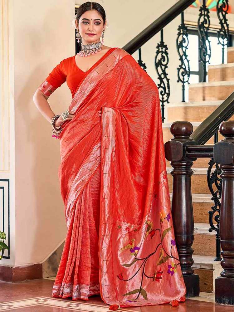 Red Viscose Handwoven Party Casual Classic Style Saree