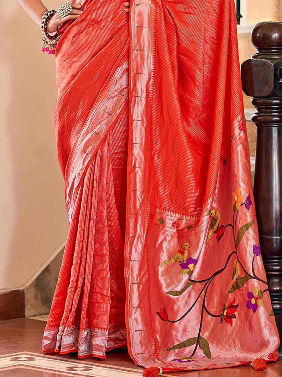 Red Viscose Handwoven Party Casual Classic Style Saree