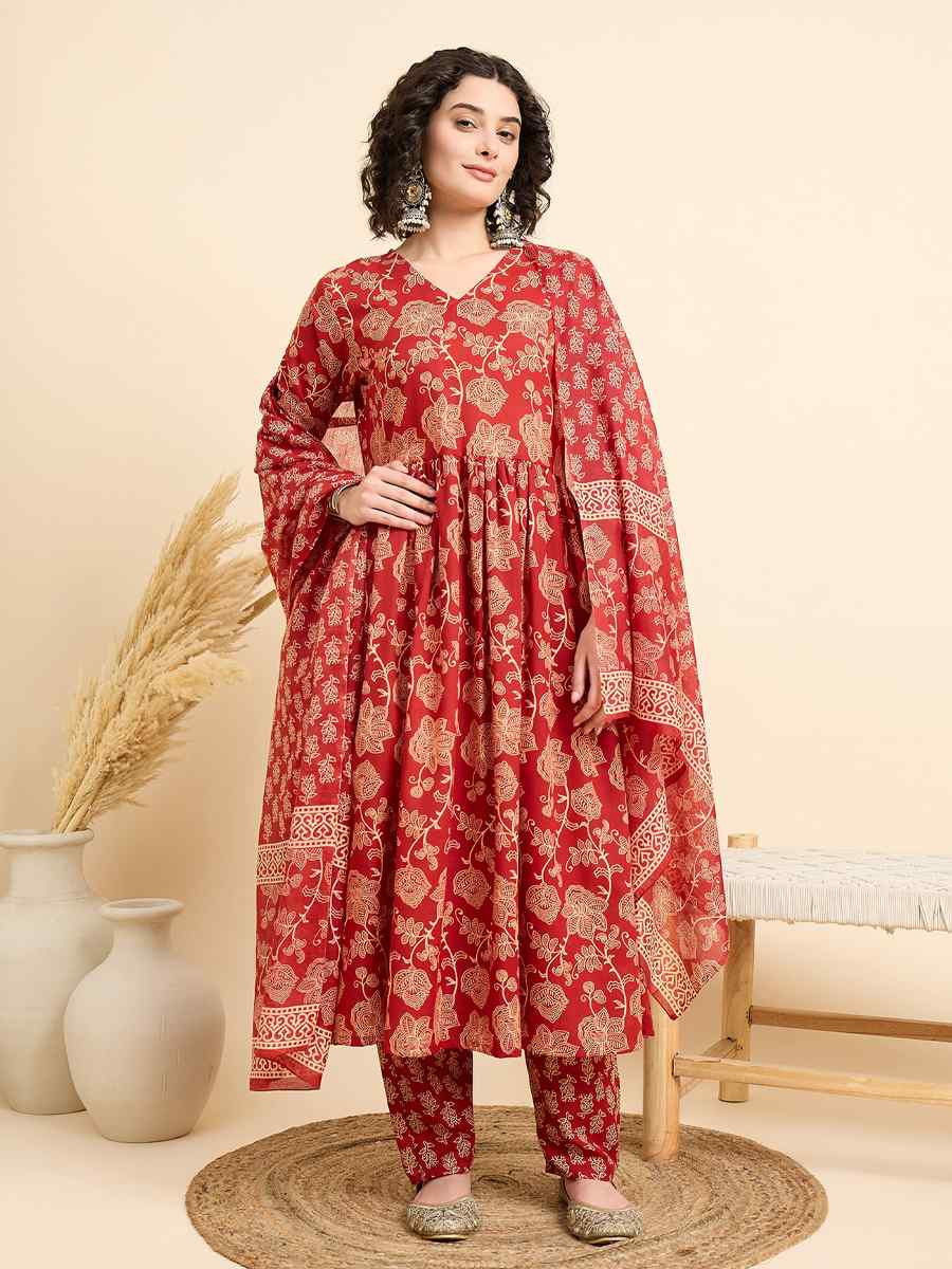 Red Viscose Printed Festival Casual Ready Pant Salwar Kameez