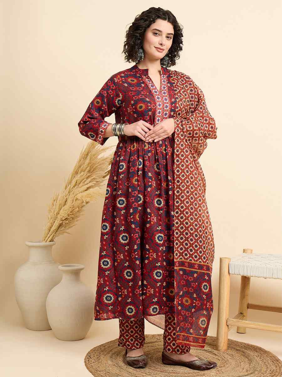 Red Viscose Printed Festival Casual Ready Pant Salwar Kameez