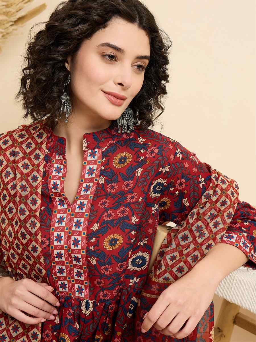 Red Viscose Printed Festival Casual Ready Pant Salwar Kameez