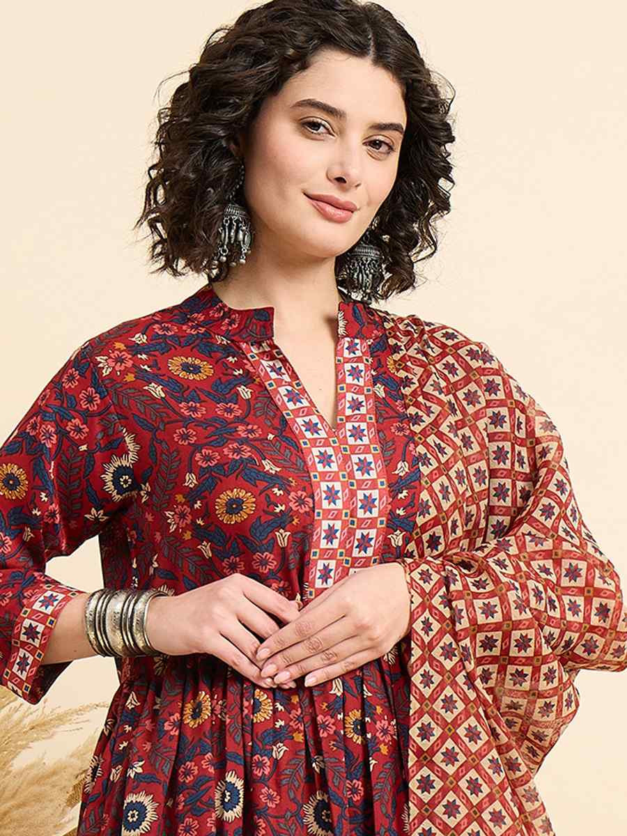 Red Viscose Printed Festival Casual Ready Pant Salwar Kameez