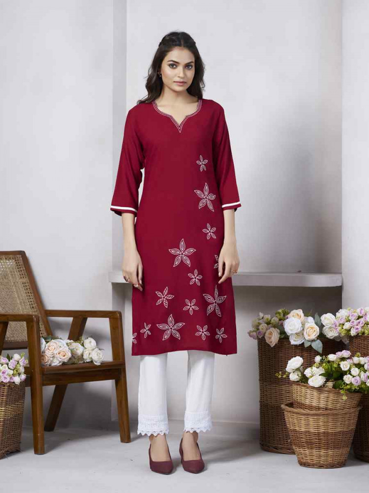 Red Viscose Rayon Embroidered Festival Casual Kurti