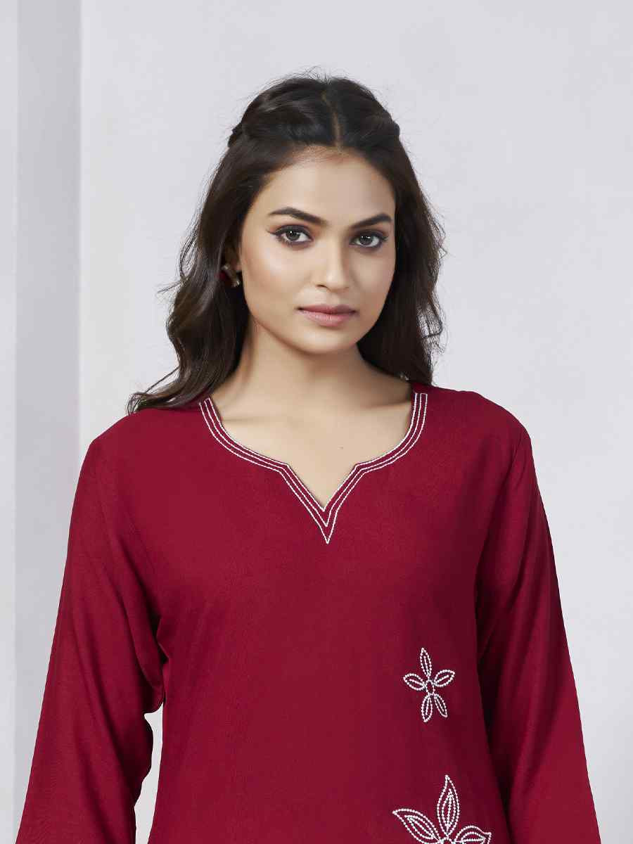 Red Viscose Rayon Embroidered Festival Casual Kurti