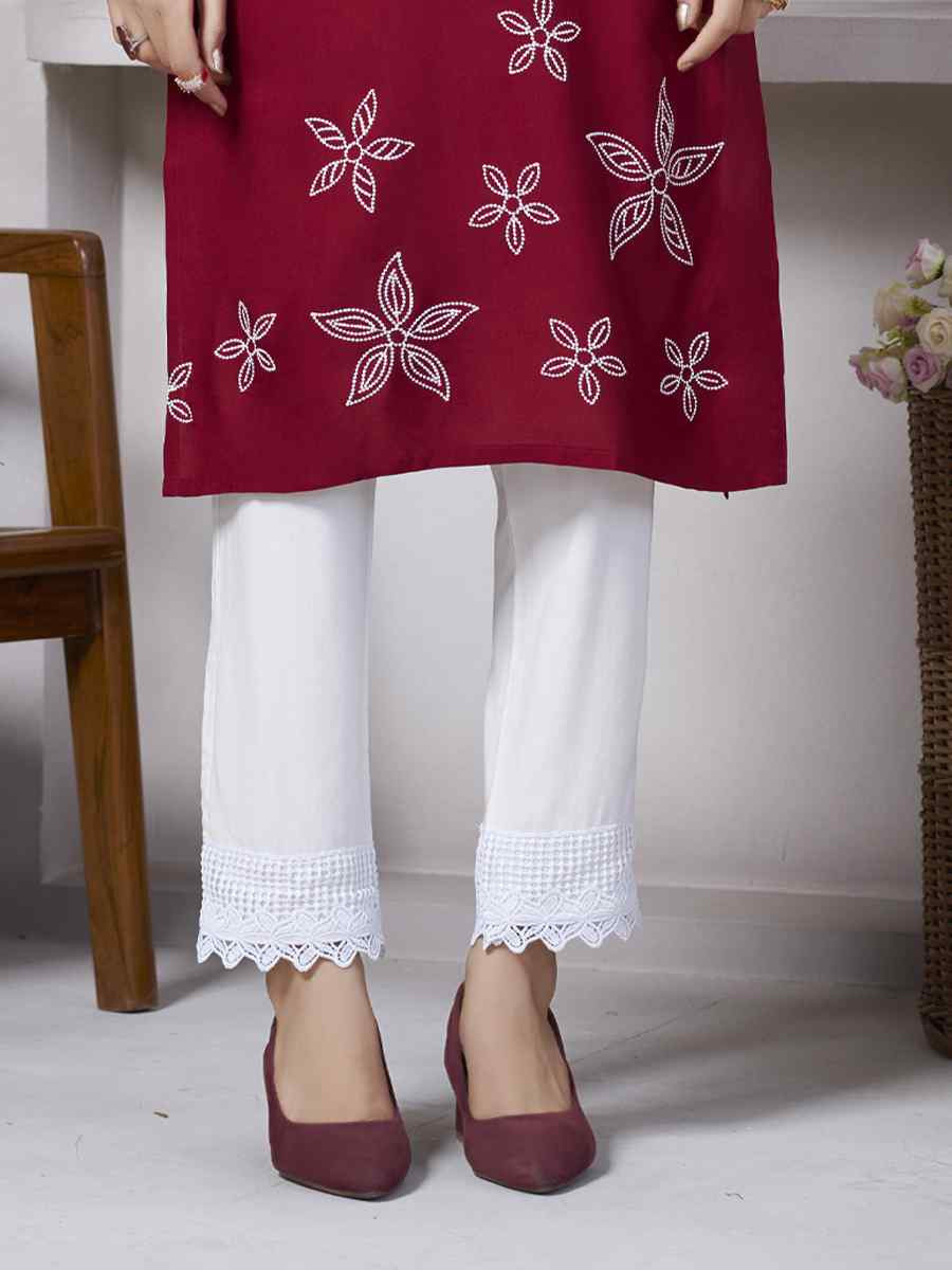 Red Viscose Rayon Embroidered Festival Casual Kurti