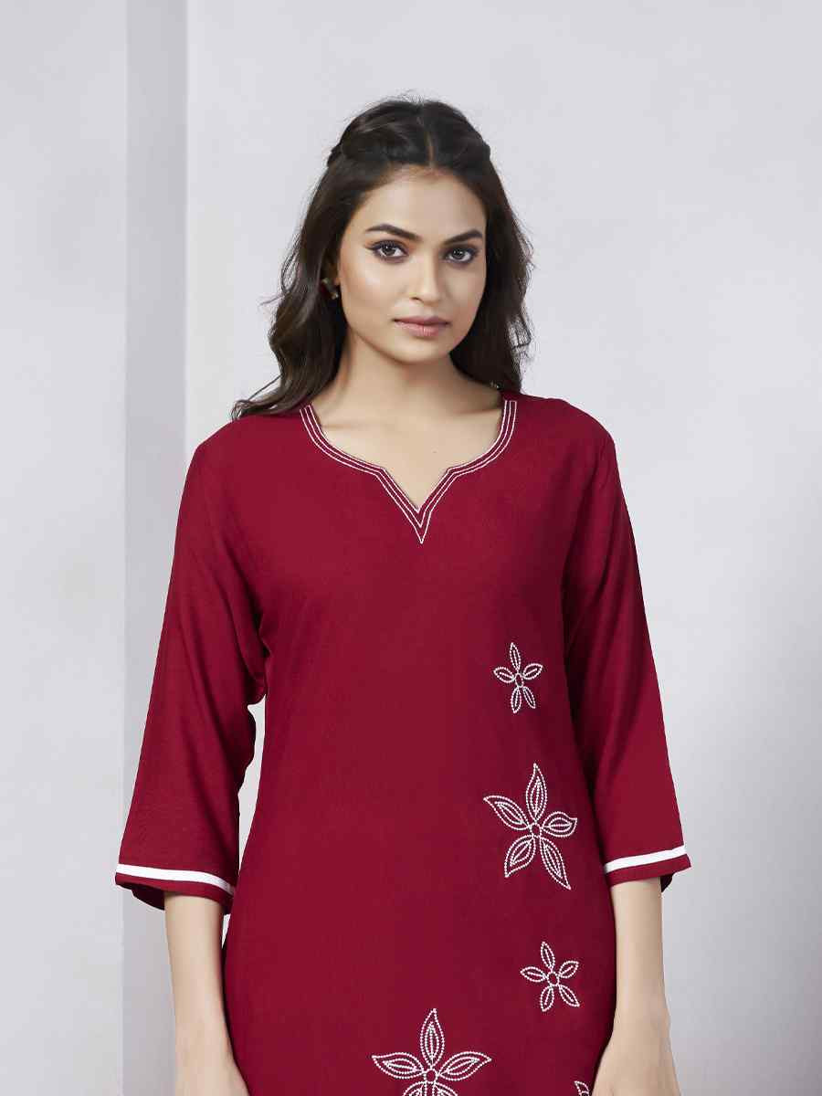 Red Viscose Rayon Embroidered Festival Casual Kurti