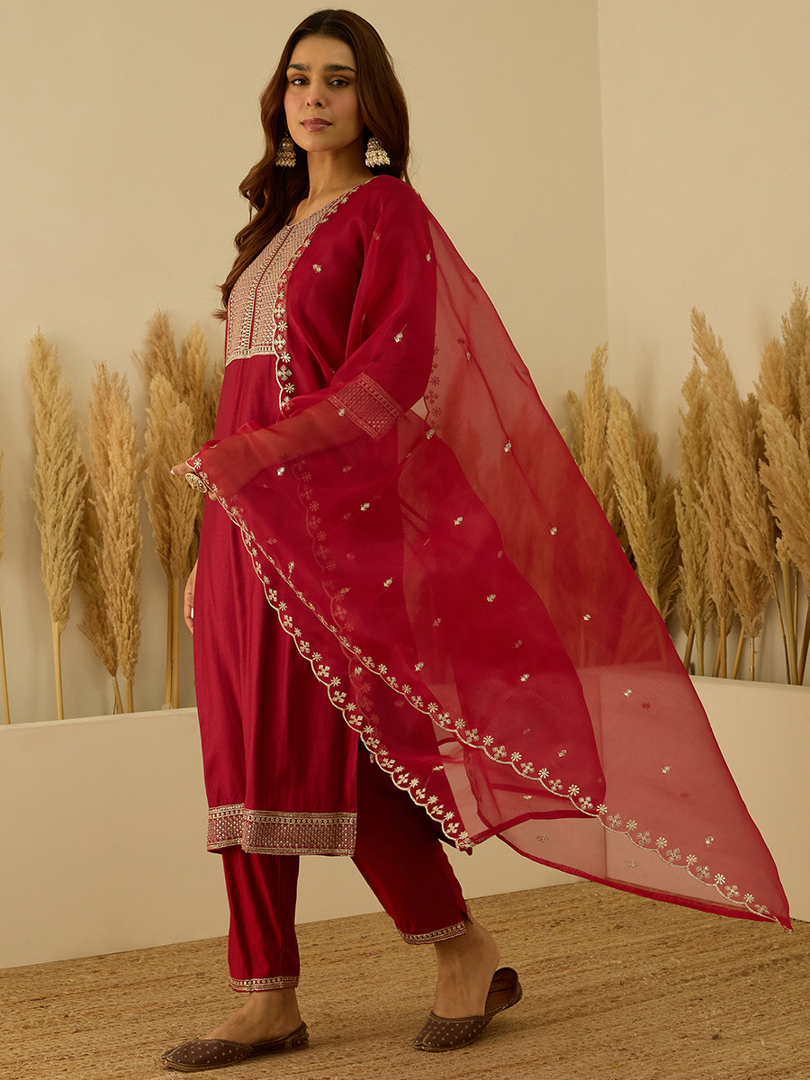 Red Viscose Rayon Embroidery Wedding Party Festival Casual Ready Pant Salwar Kameez