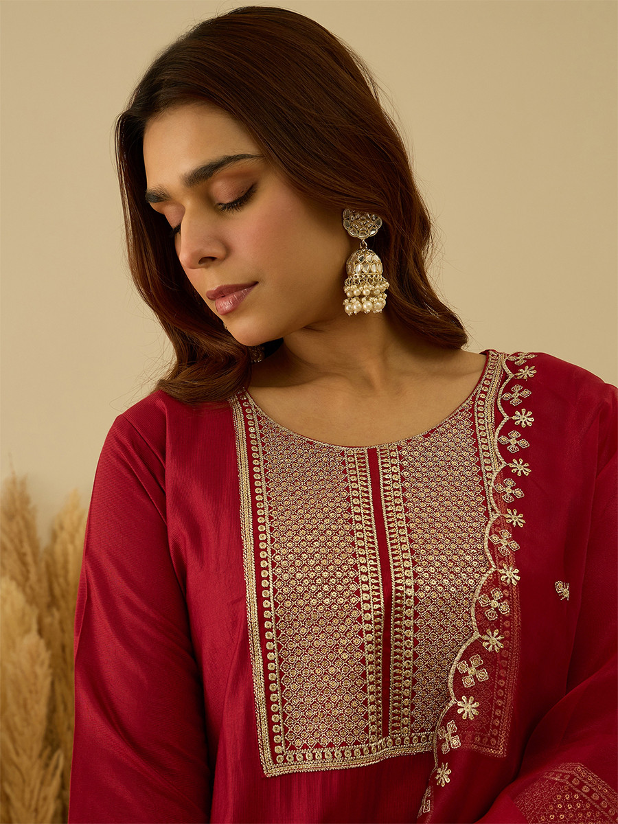 Red Viscose Rayon Embroidery Wedding Party Festival Casual Ready Pant Salwar Kameez